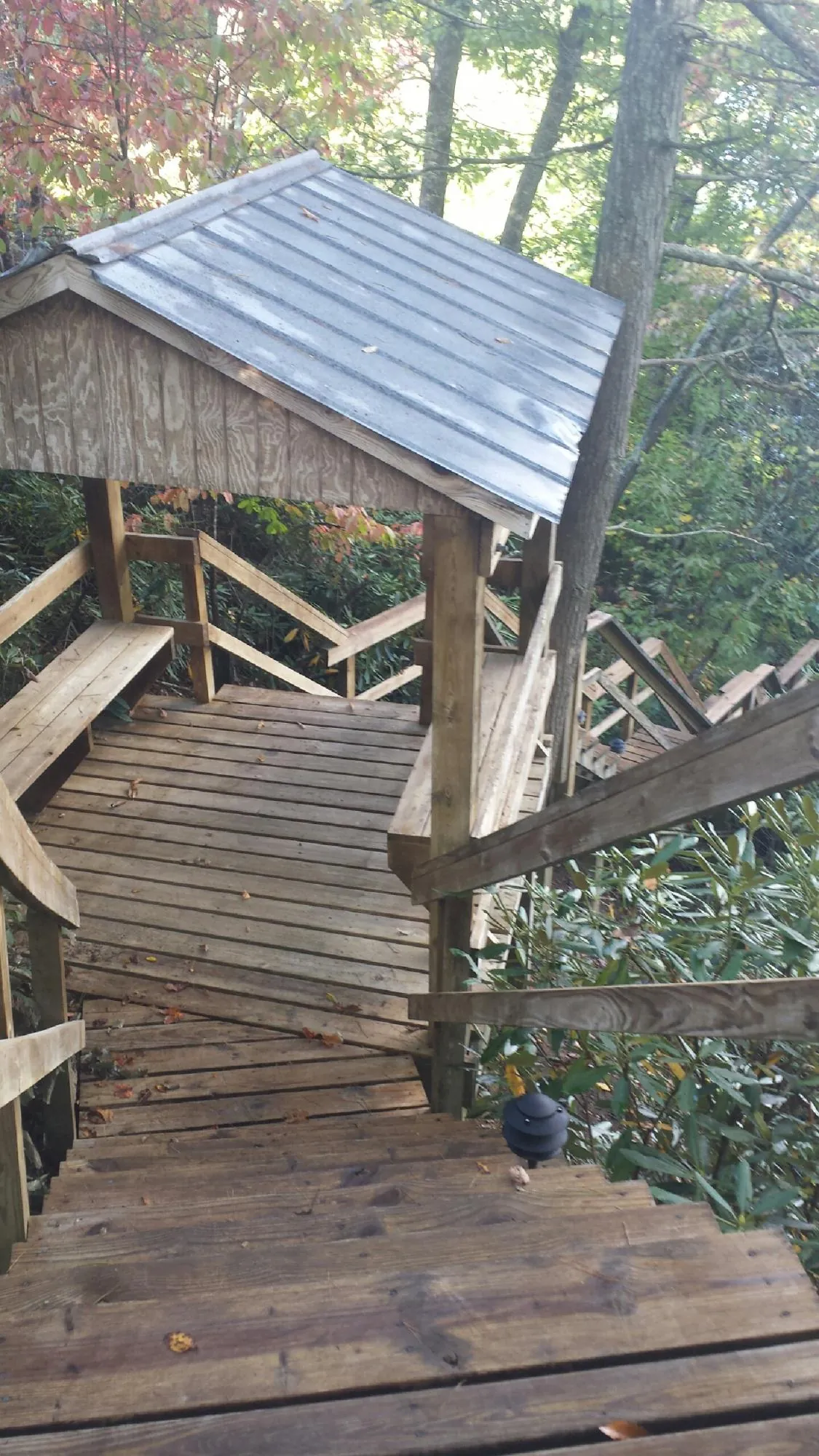Metal roofed shelter over wooden steps on a wooded walkway — Skylight Repair & Installation work by our crew in Jonas Ridge